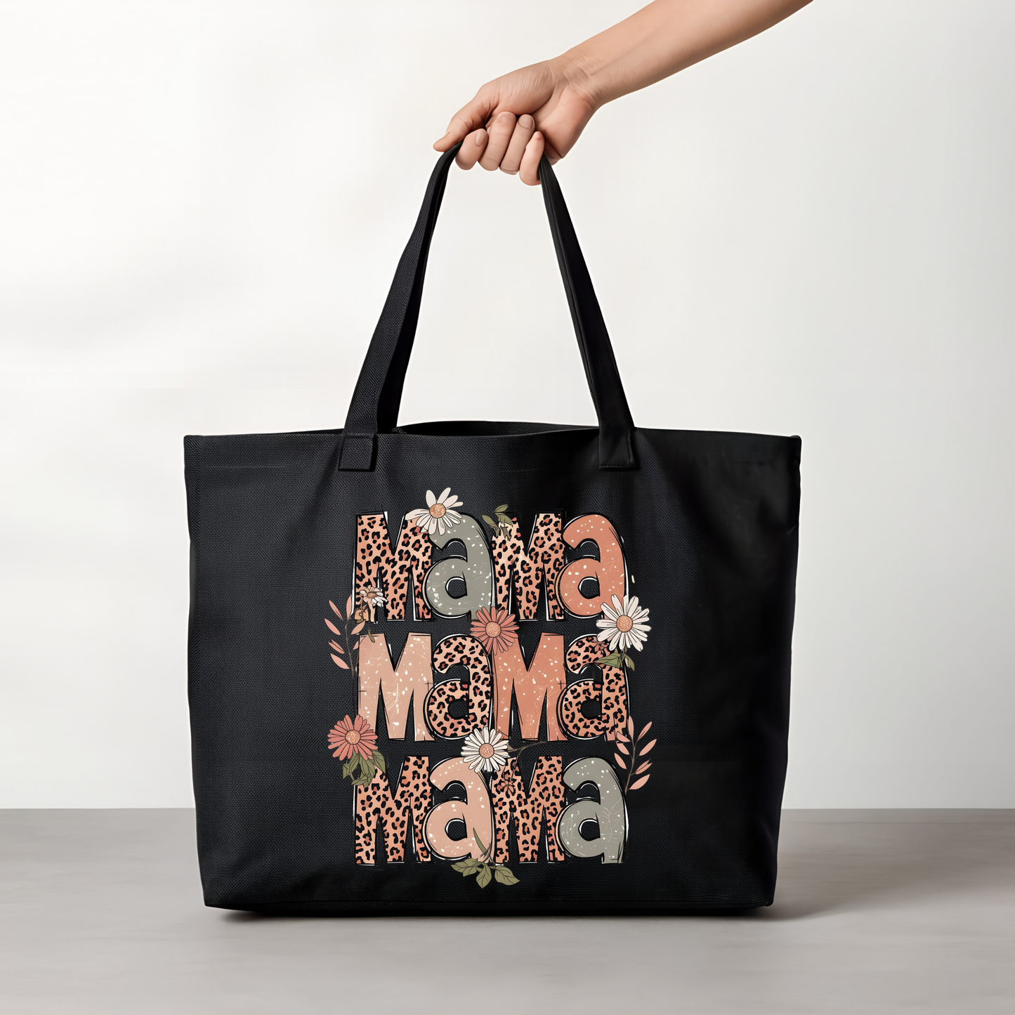Mama Mama Mama Floral Tote Bag – Leopard Print & Boho Flower Design