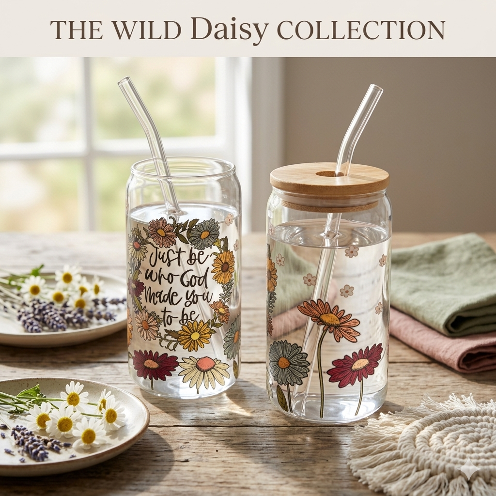 Wild Daisy Glass Can Cup with Bamboo Lid & Straw – Floral Faith-Inspired Design