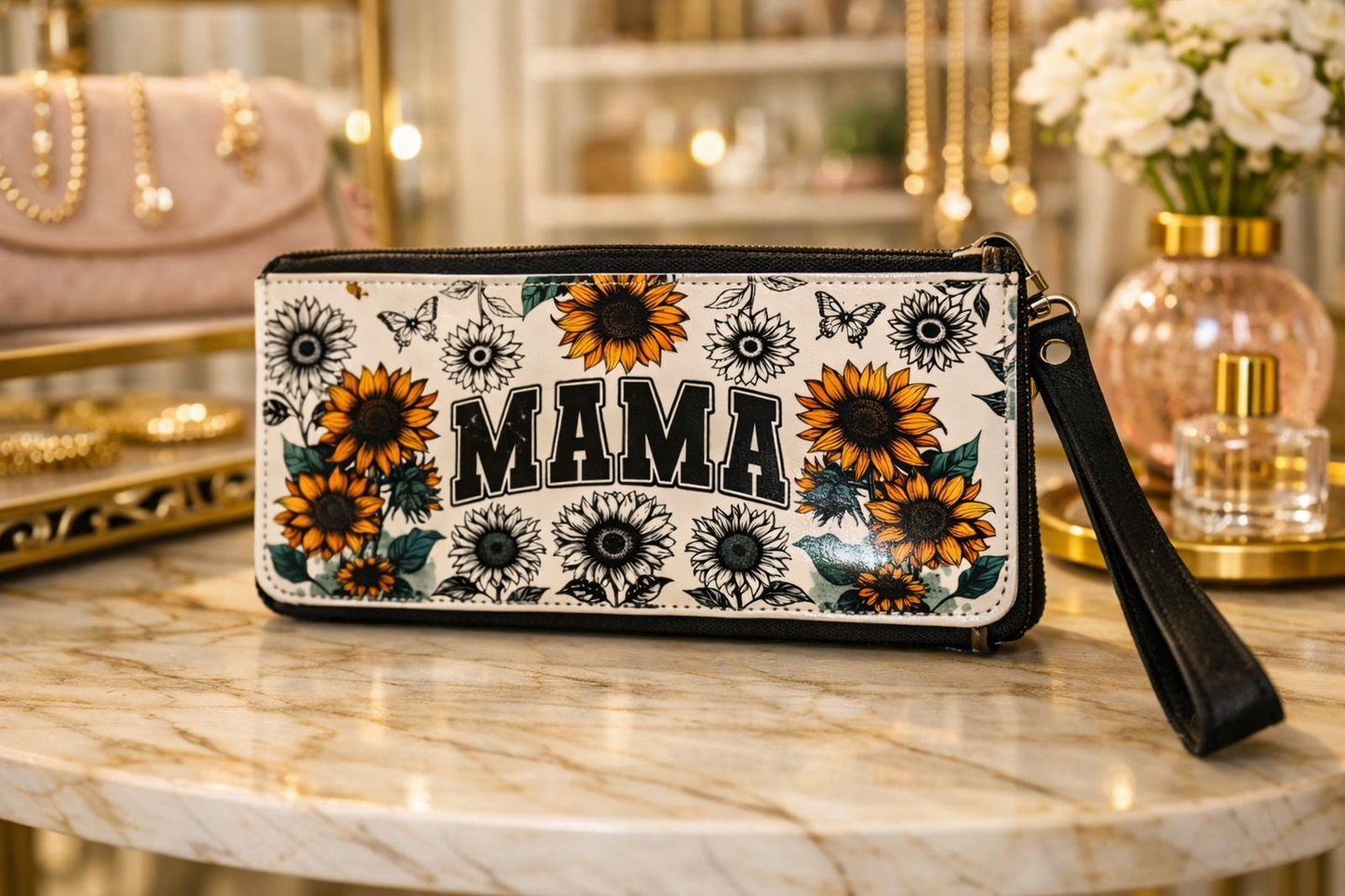 Sunflower “MAMA” Wristlet Wallet – Floral Zipper Clutch