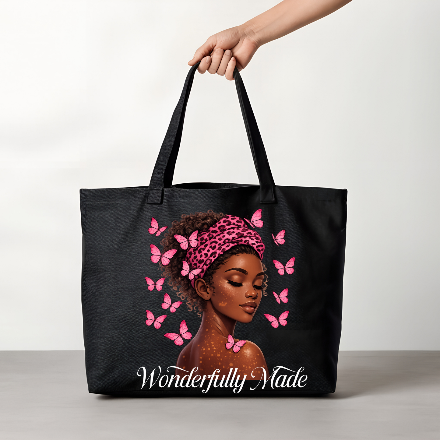 Wonderfully Made Tote Bag – Inspirational Black Tote with Pink Butterfly & Floral Art | Gift for Women | Faith & Self-Love Affirmation Bag
