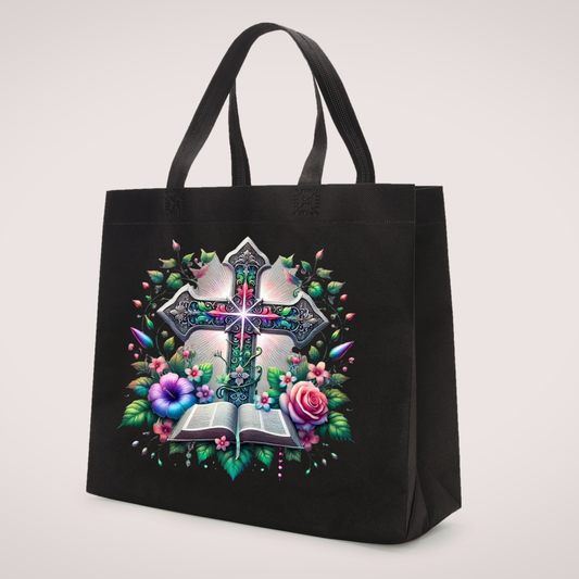 Floral Cross Christian Tote Bag – Faith-Inspired Scripture Book Design
