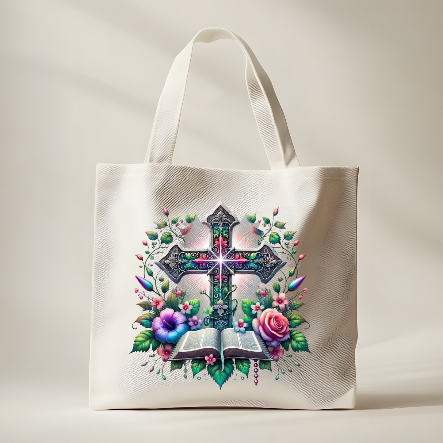 Floral Cross Christian Tote Bag – Faith-Inspired Scripture Book Design