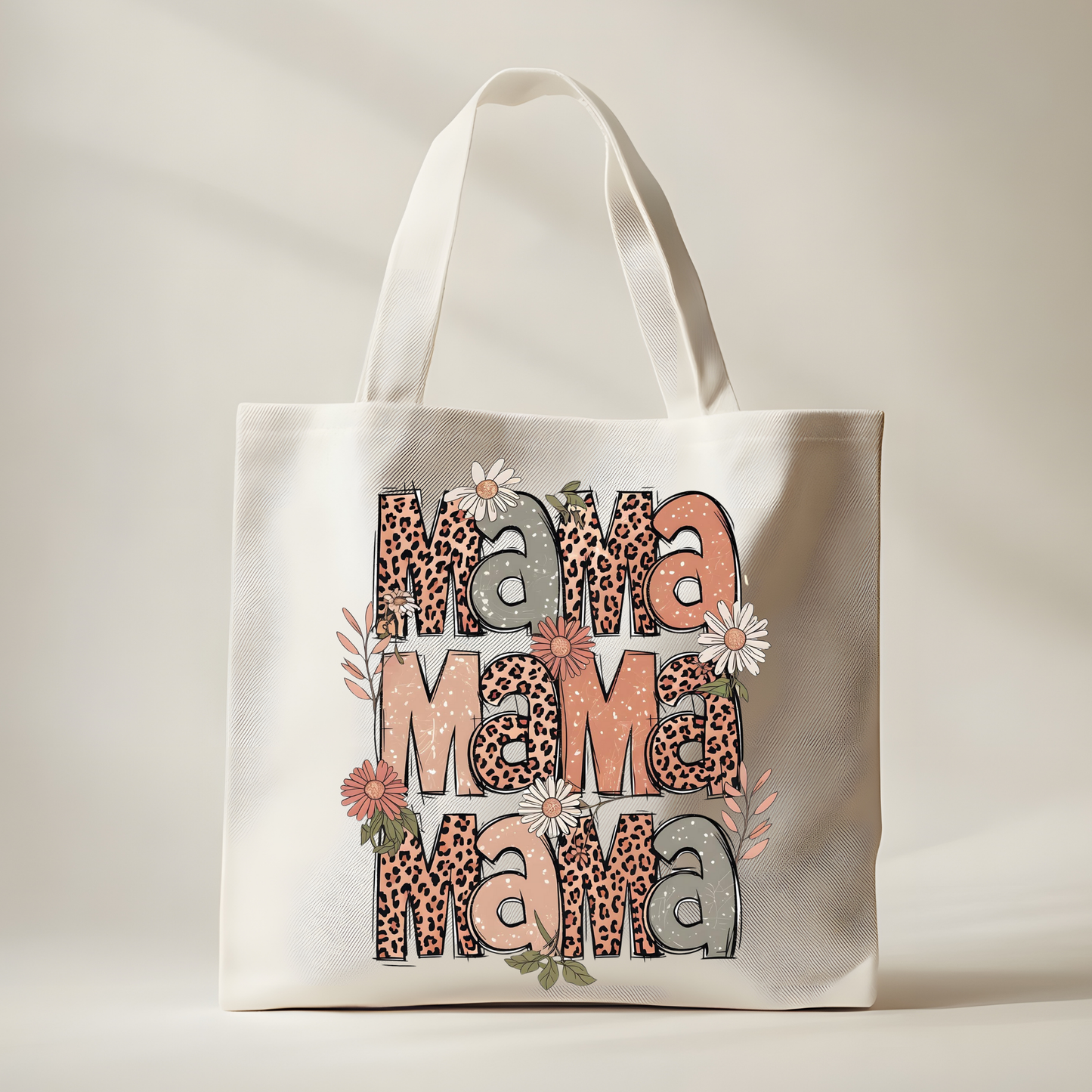 Mama Mama Mama Floral Tote Bag – Leopard Print & Boho Flower Design
