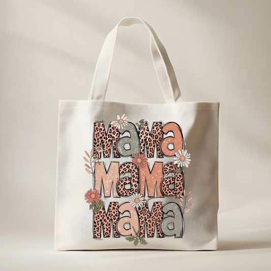 Mama Mama Mama Floral Tote Bag – Leopard Print & Boho Flower Design