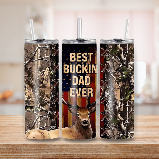 Best Buckin Dad Ever 20 oz Tumbler – Hunting Camo Deer Stainless Steel Cup