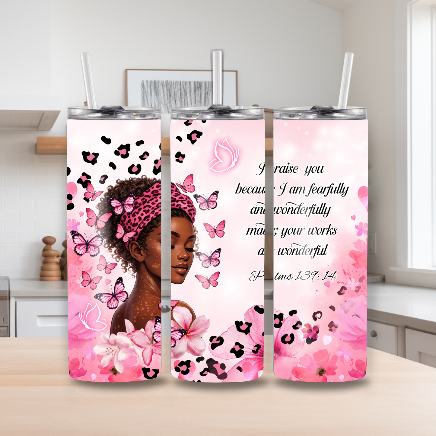 “Fearfully & Wonderfully Made” 20oz Sublimation Tumbler – Pink Butterfly Faith Design | Psalm 139:14
