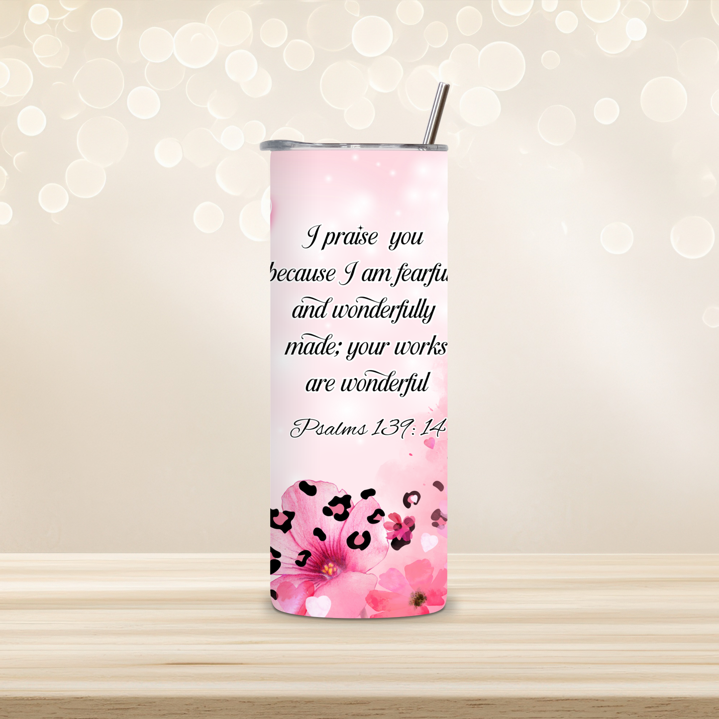 “Fearfully & Wonderfully Made” 20oz Sublimation Tumbler – Pink Butterfly Faith Design | Psalm 139:14