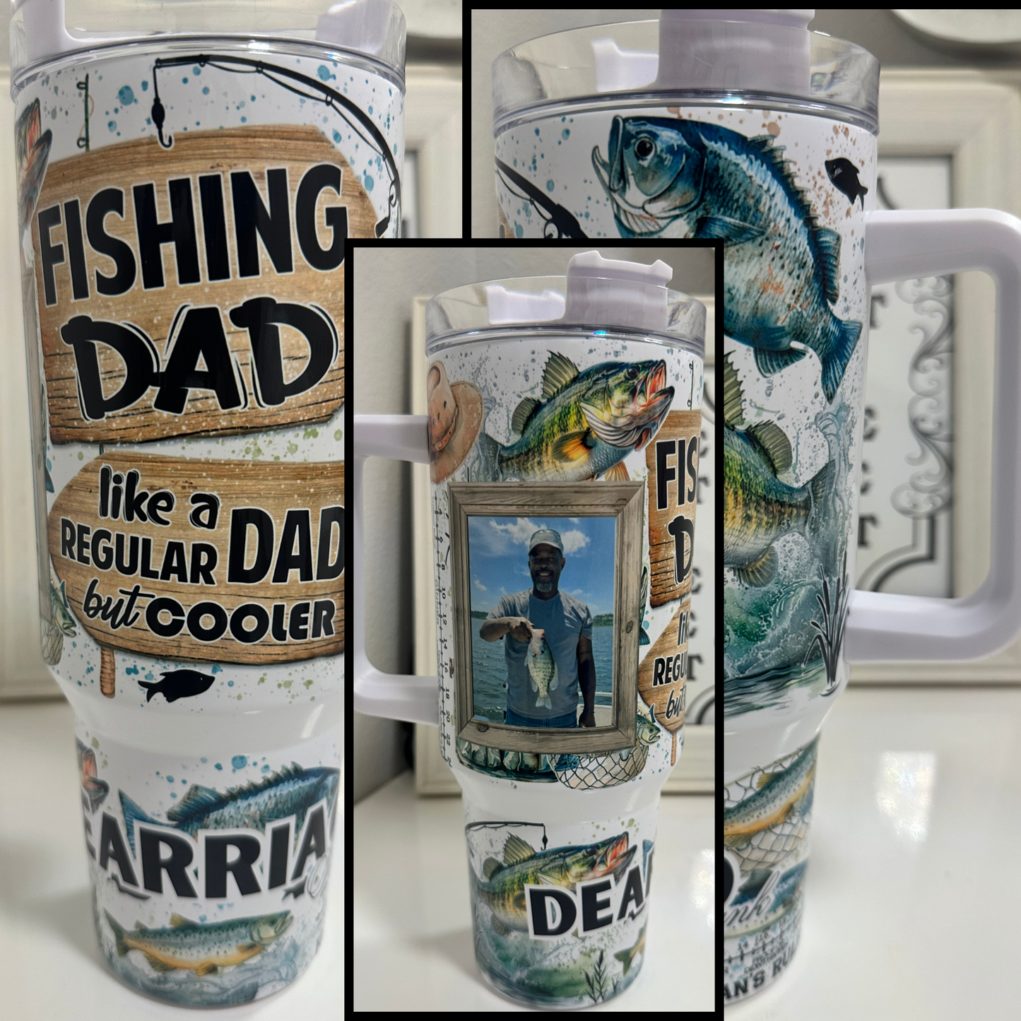 Personalized “Fishing Dad Like a Regular Dad but Cooler” 20oz tumbler with custom photo.