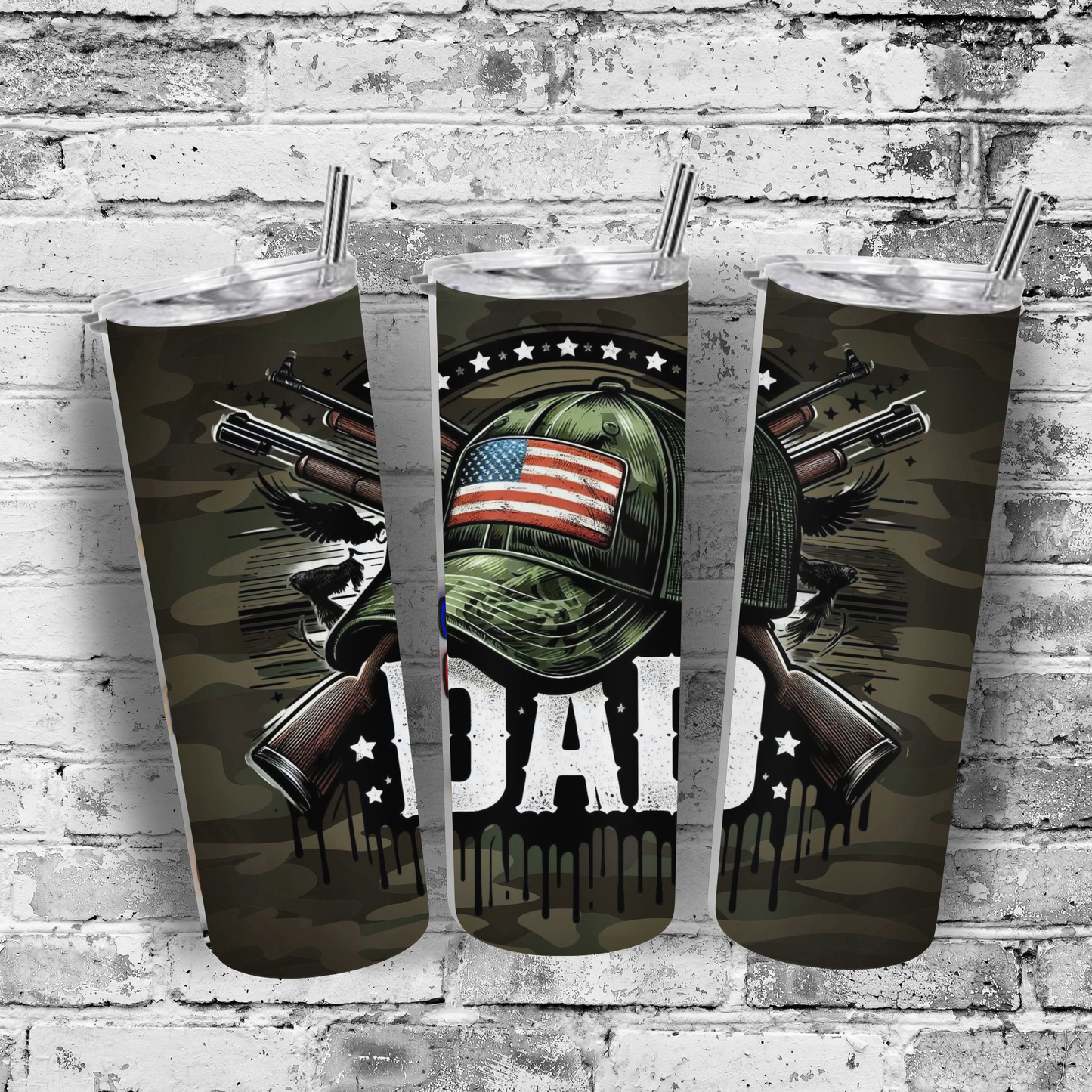 20 oz Dad Sublimation Tumbler – Patriotic Military Camo Design