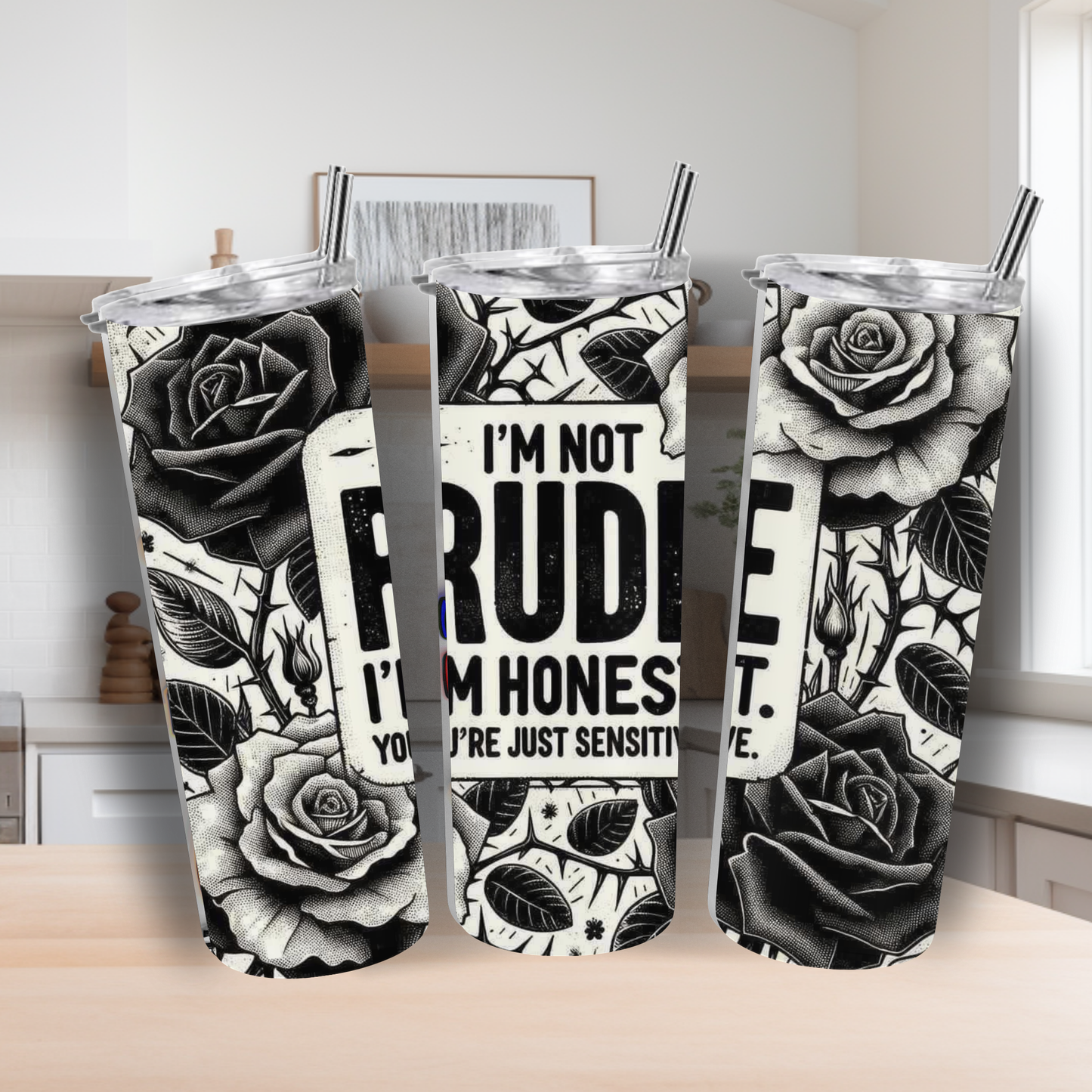 20oz Sublimation Tumbler – “I’m Not Rude, I’m Honest” Black Rose Design | Stainless Steel Skinny Cup