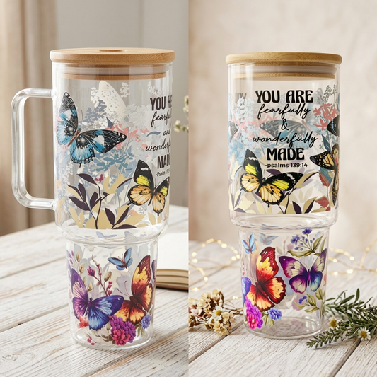 🦋 Faith-Inspired 400z Butterfly Glass Mug with Bamboo Lid