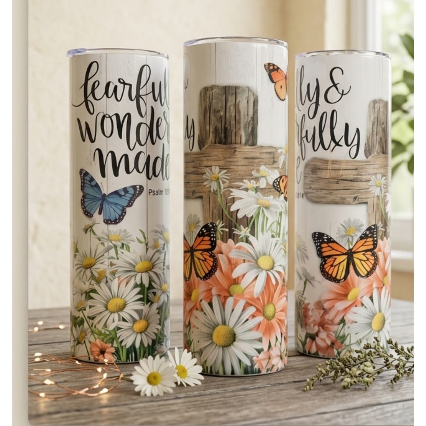 20oz Faith Tumbler – “Fearfully & Wonderfully Made” Floral Cross Cup with Butterflies, Christian Gift