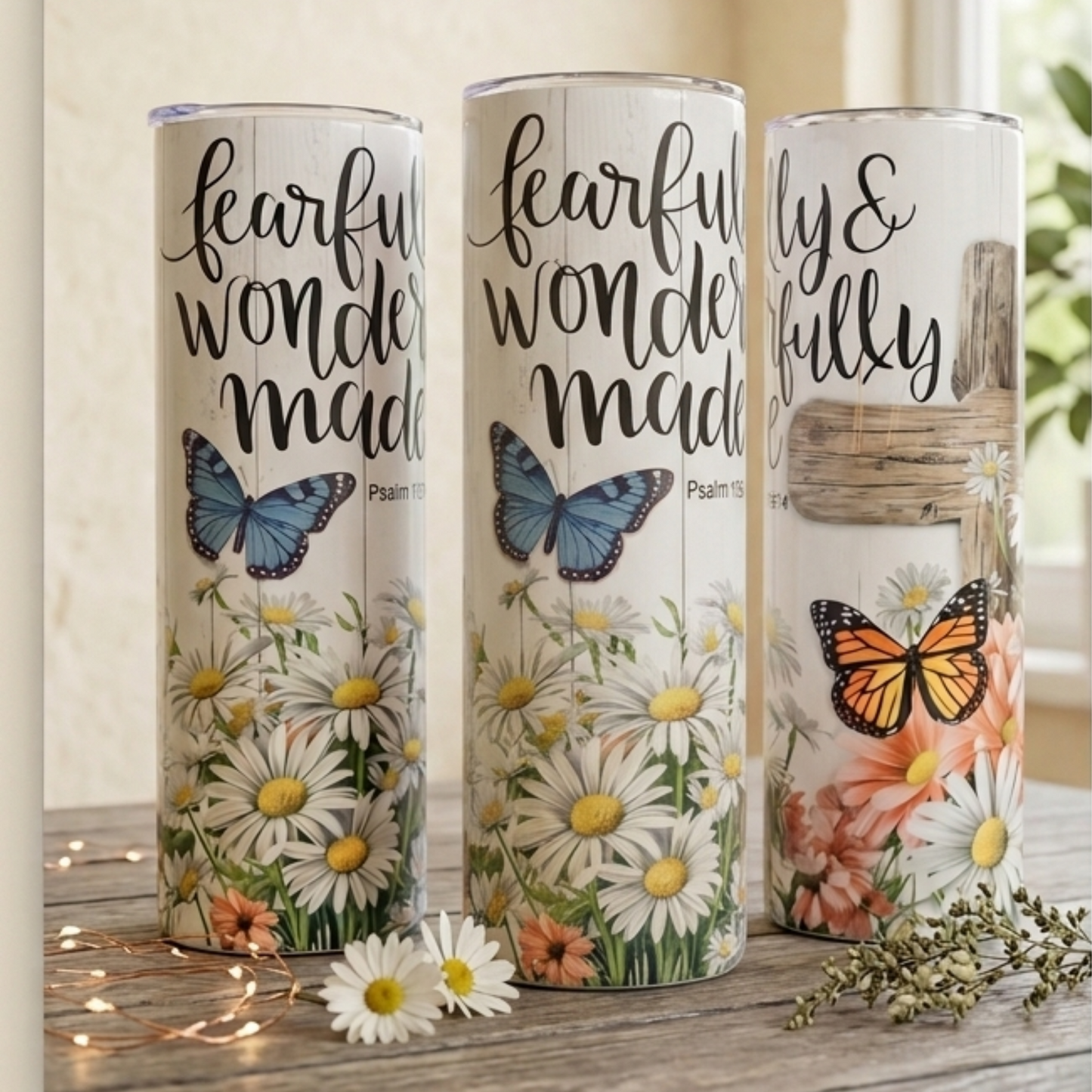 20oz Faith Tumbler – “Fearfully & Wonderfully Made” Floral Cross Cup with Butterflies, Christian Gift