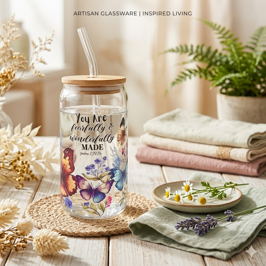 Fearfully & Wonderfully Made” Glass Can Cup with Bamboo Lid & Straw – Butterfly Scripture Design