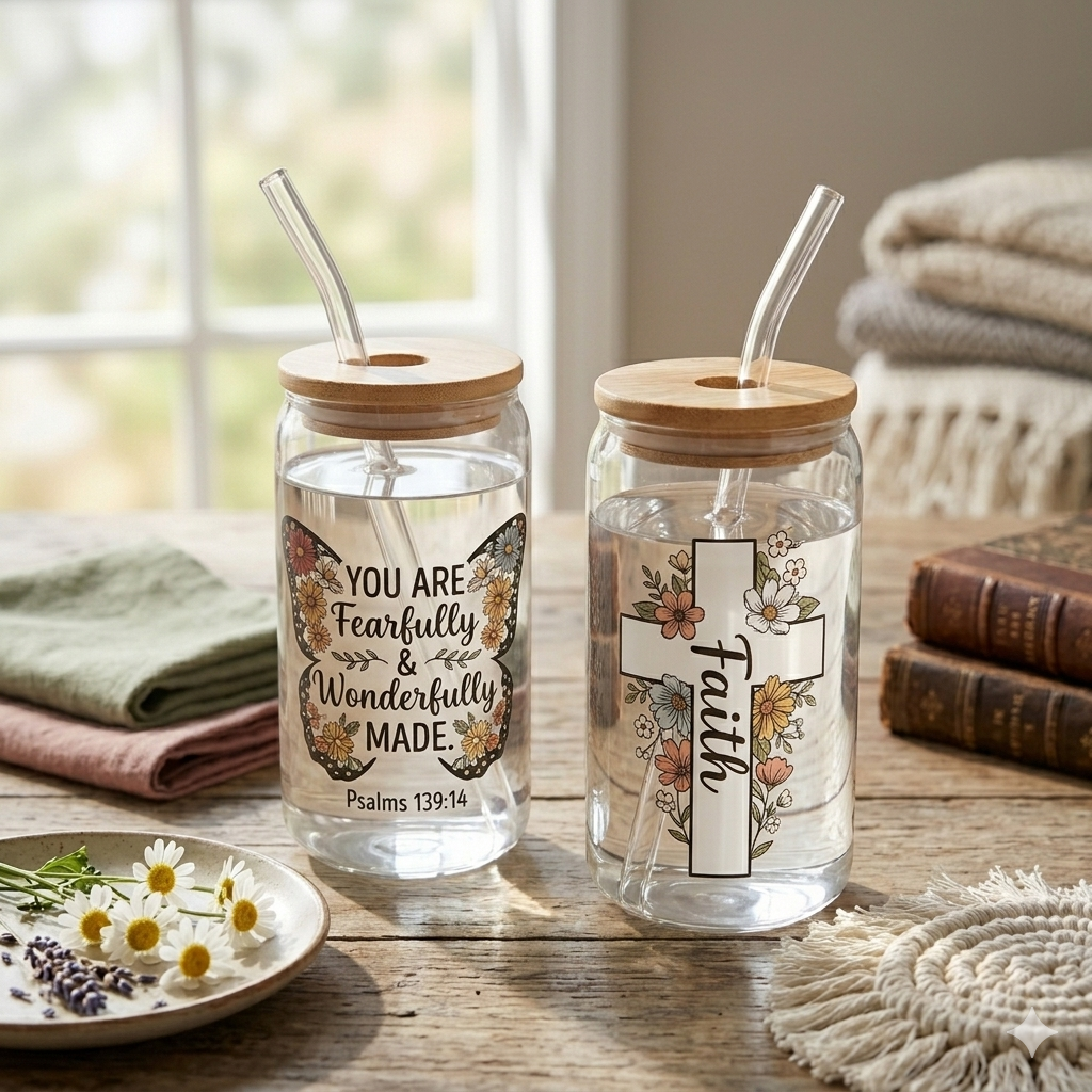 Faith-Inspired Glass Can Cups with Bamboo Lid & Glass Straw – Scripture Designs