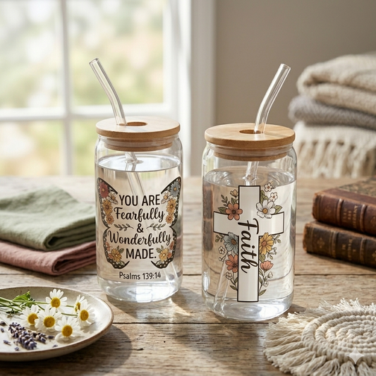 Faith-Inspired Glass Can Cups with Bamboo Lid & Glass Straw – Scripture Designs
