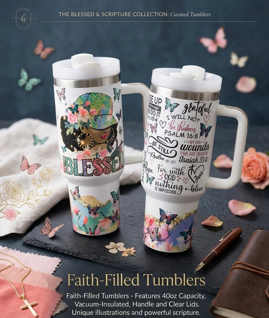 Faith-Filled 40oz Scripture Tumbler with Handle – “Blessed” Inspirational Design