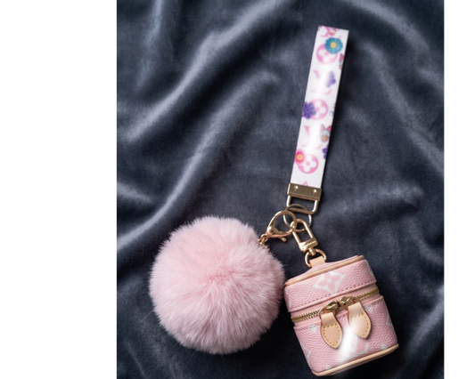 🛍️ Luxury Pink Wristlet Keychain Set – Lip Gloss Holder & Pom Pom Charm