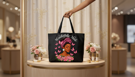Wonderfully Made Tote Bag – Inspirational Black Tote with Pink Butterfly & Floral Art | Gift for Women | Faith & Self-Love Affirmation Bag