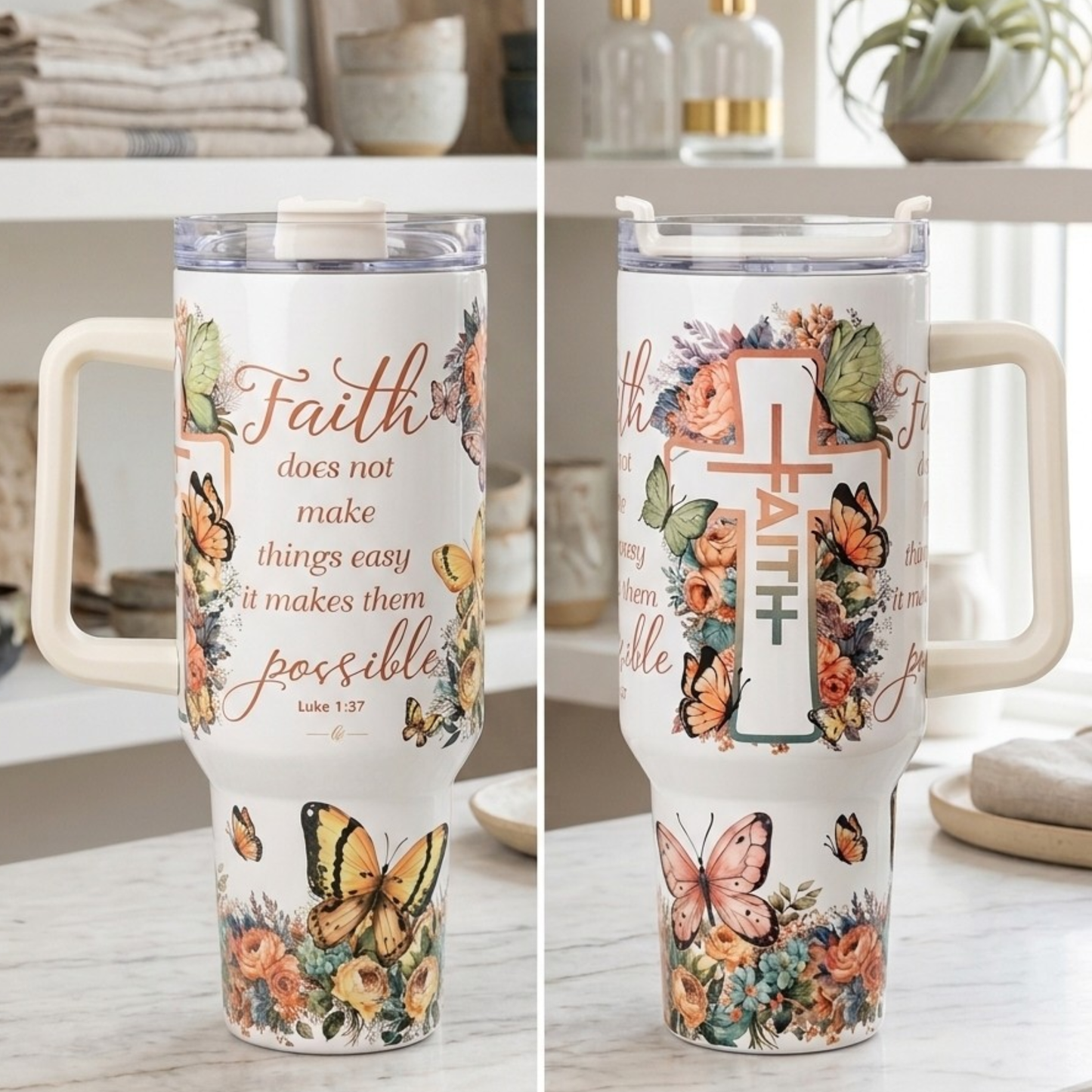 Faith-Filled 40oz Scripture Tumbler with Handle – “Faith Possible” Inspirational Design