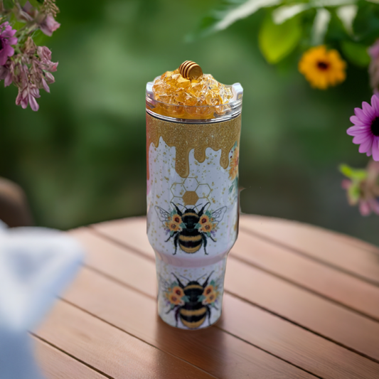 Honey bee tumbler with decorative fake honey top