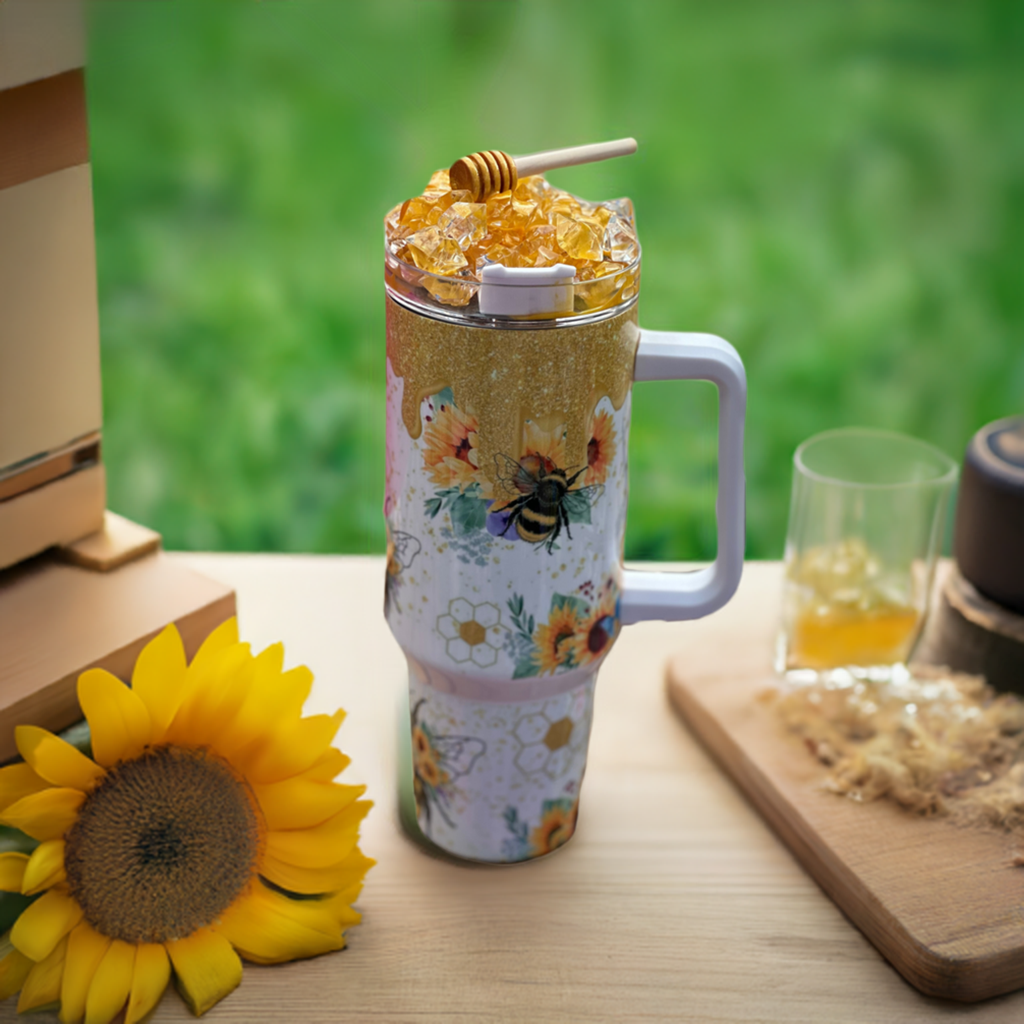 Honey bee tumbler with decorative fake honey top